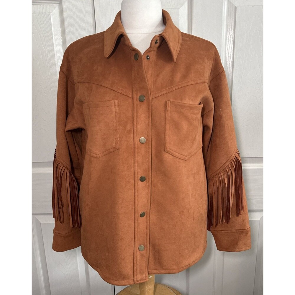 Forever 21 Brown Fringe Sleeve & Back Snap Front Jacket Shacket Boho Sz L / XL